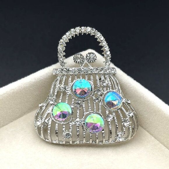 Silver with White Diamond and AB Crystal Lady Handbag Purse Pin Back Brooch - Picture 2 of 7
